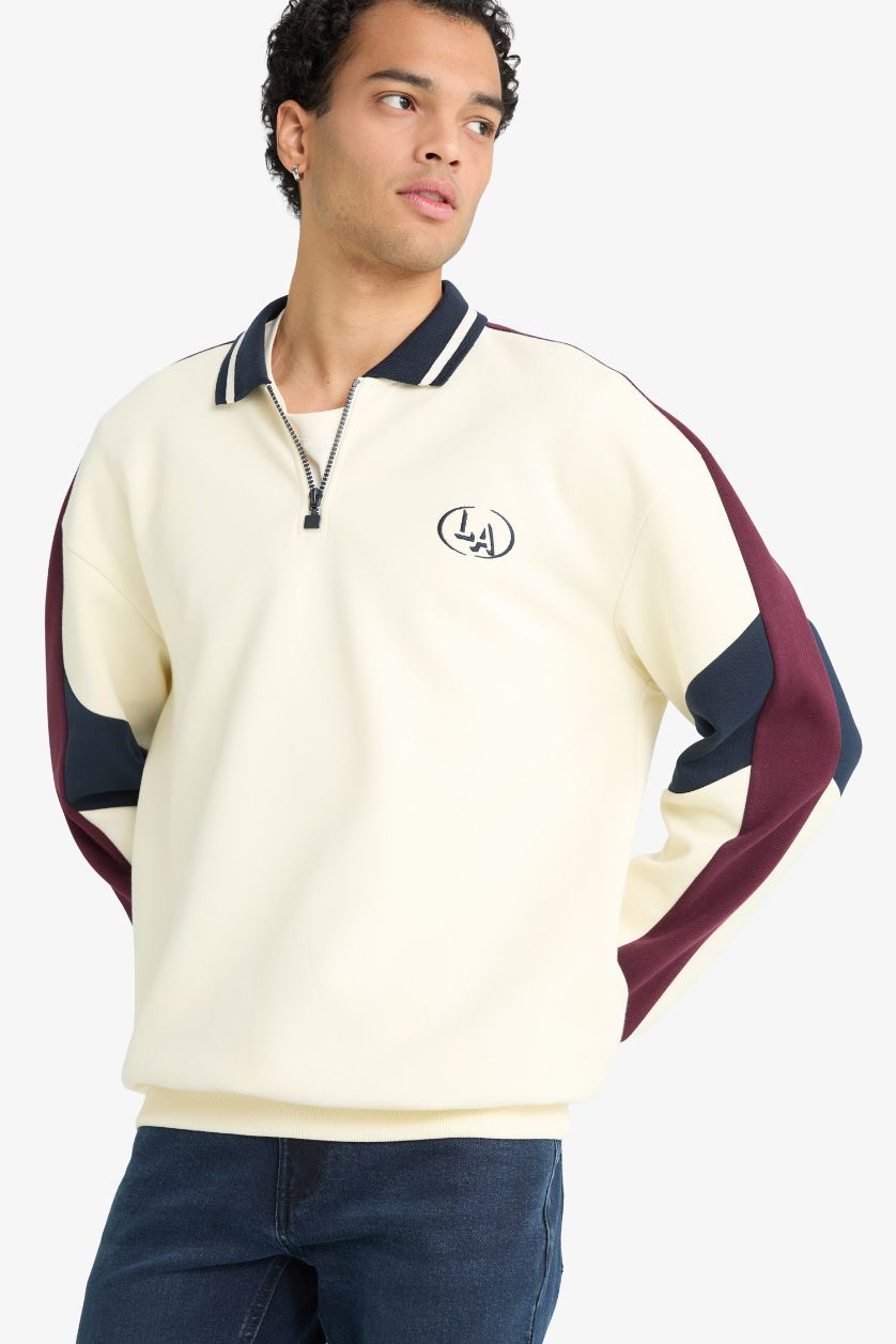 Erkek Ekru Boxy Fit Dik Yaka Fermuarlı Baskılı Sweatshirt