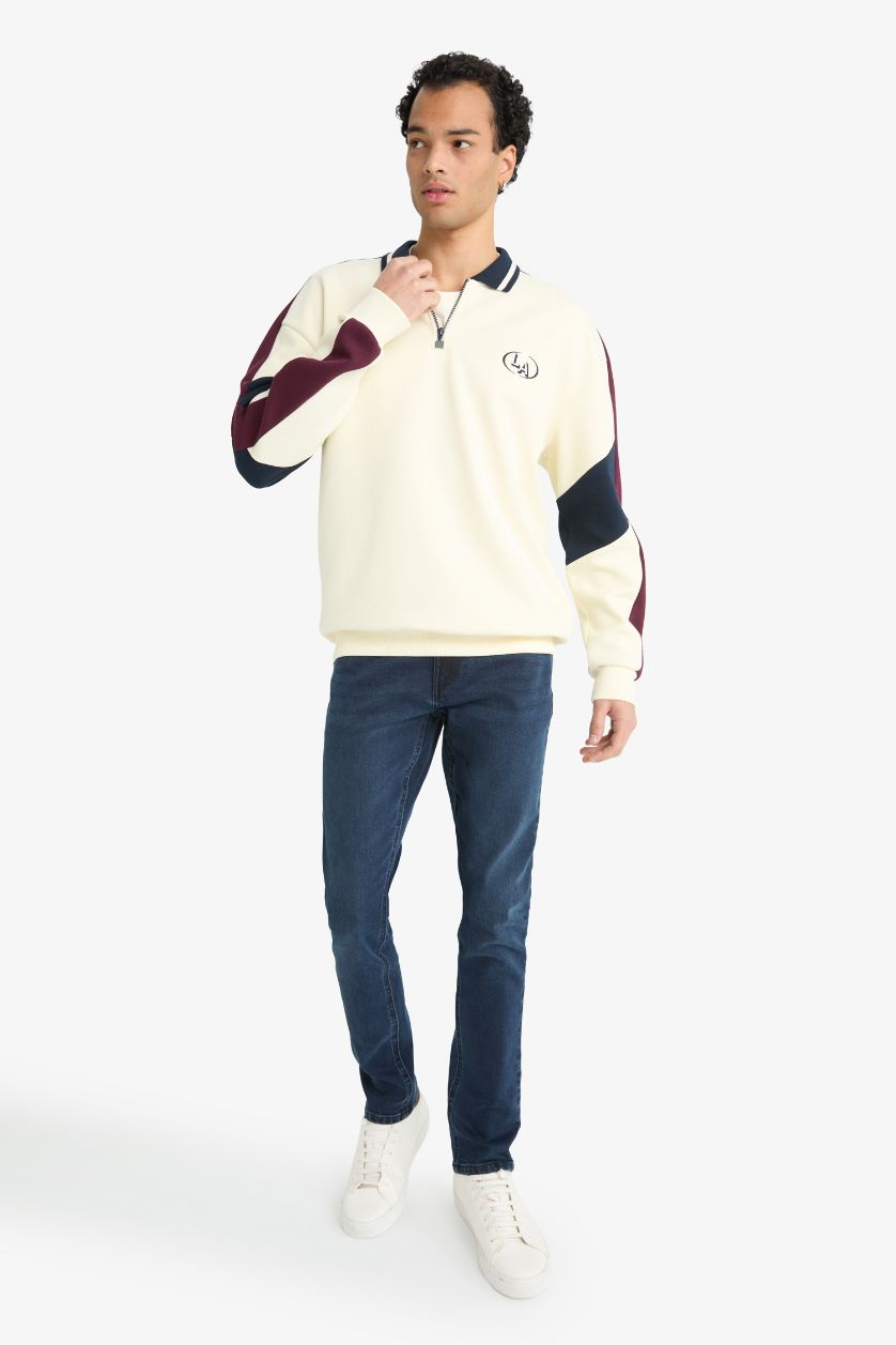 Erkek Ekru Boxy Fit Dik Yaka Fermuarlı Baskılı Sweatshirt