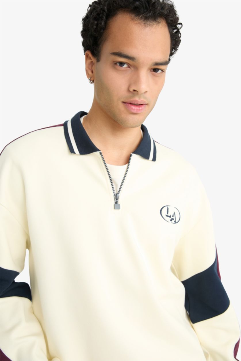 Erkek Ekru Boxy Fit Dik Yaka Fermuarlı Baskılı Sweatshirt