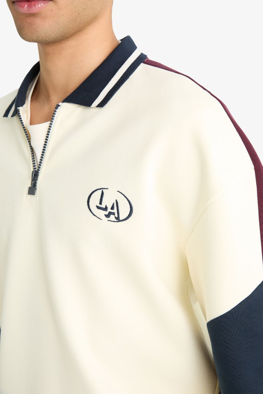 Erkek Ekru Boxy Fit Dik Yaka Fermuarlı Baskılı Sweatshirt