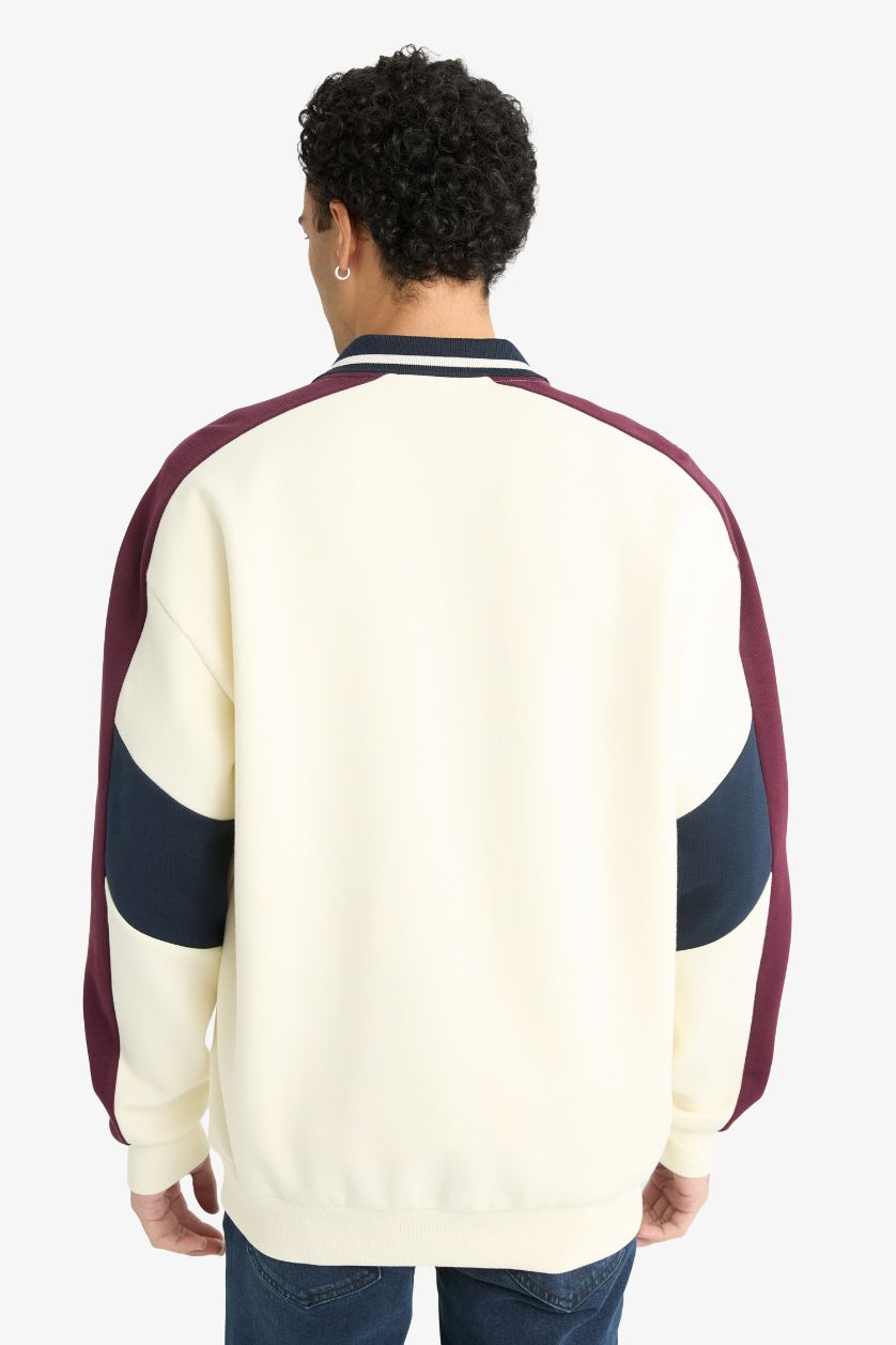 Erkek Ekru Boxy Fit Dik Yaka Fermuarlı Baskılı Sweatshirt