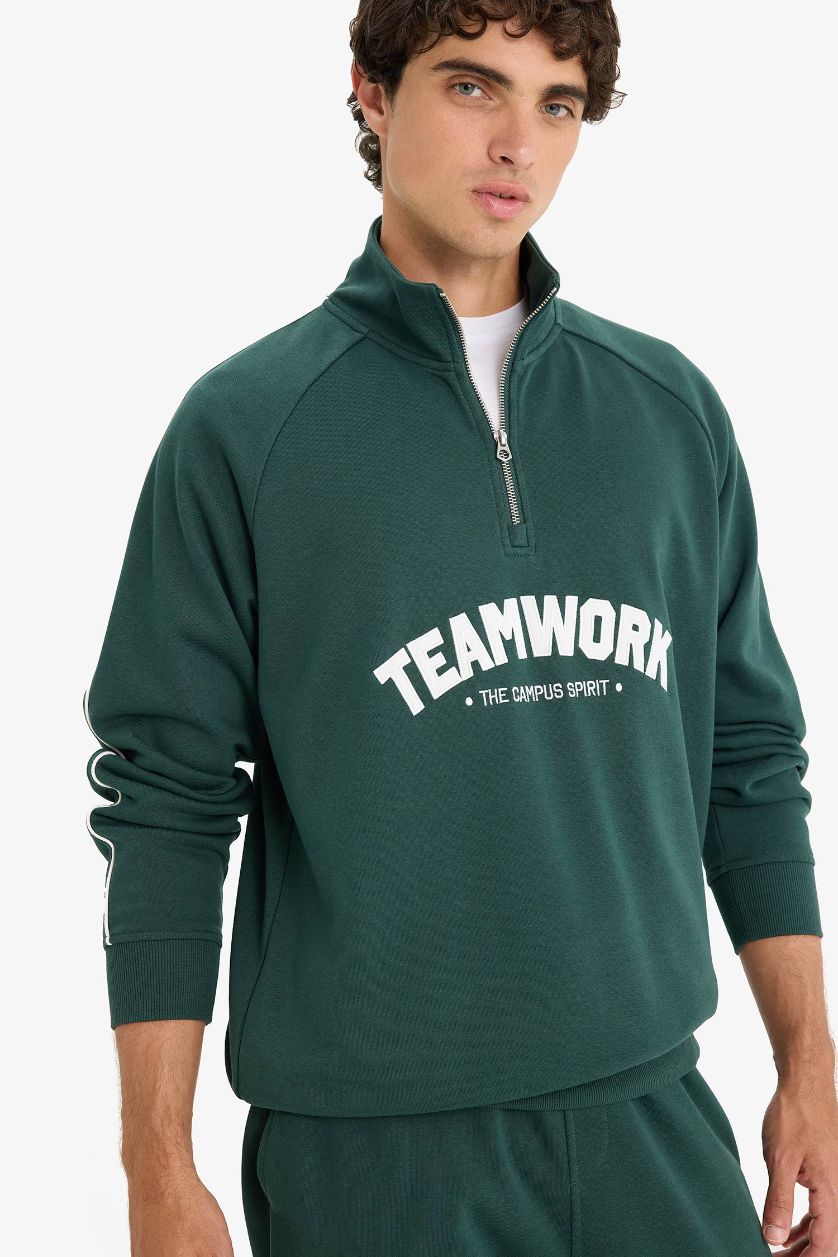 Man Dark Green Boxy Fit Stand Collar Zippered Printed Sweatshirt