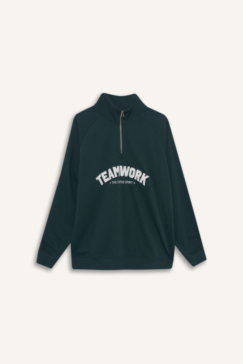 Man Dark Green Boxy Fit Stand Collar Zippered Printed Sweatshirt