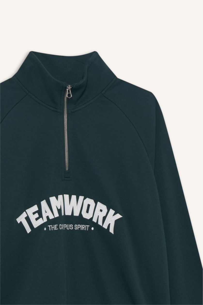 Man Dark Green Boxy Fit Stand Collar Zippered Printed Sweatshirt