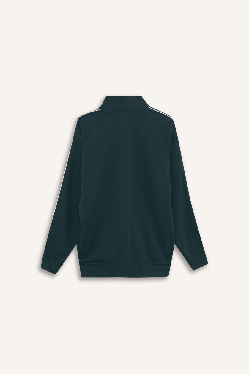 Man Dark Green Boxy Fit Stand Collar Zippered Printed Sweatshirt