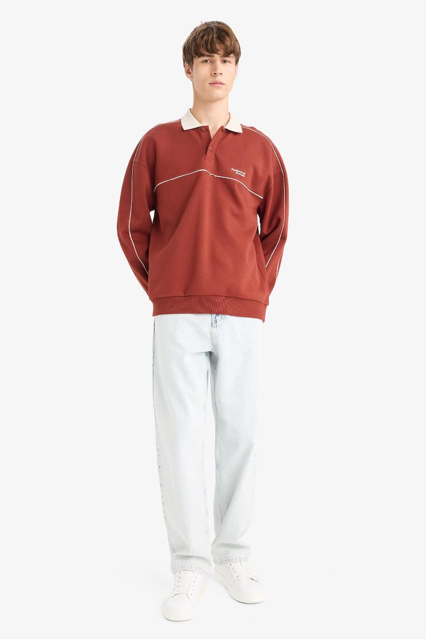Erkek Bordo Dokulu Boxy Fit Sweatshirt