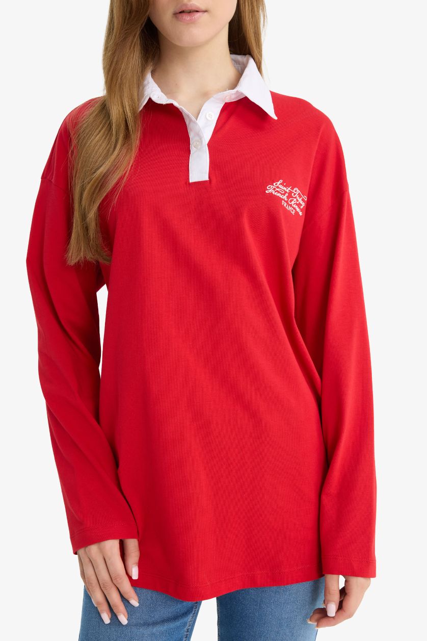 نساء أحمر بلوزة طويلة مطرزة قصة عادية وياخة بولو