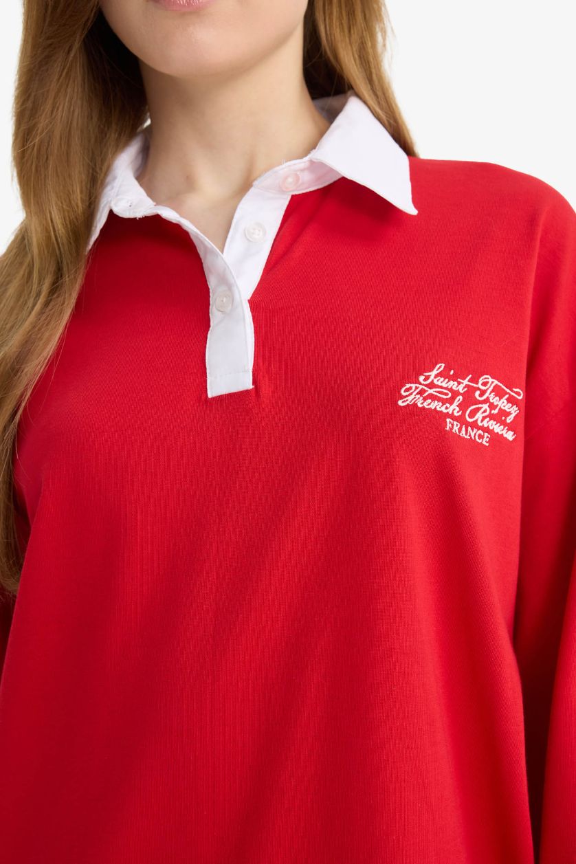 نساء أحمر بلوزة طويلة مطرزة قصة عادية وياخة بولو