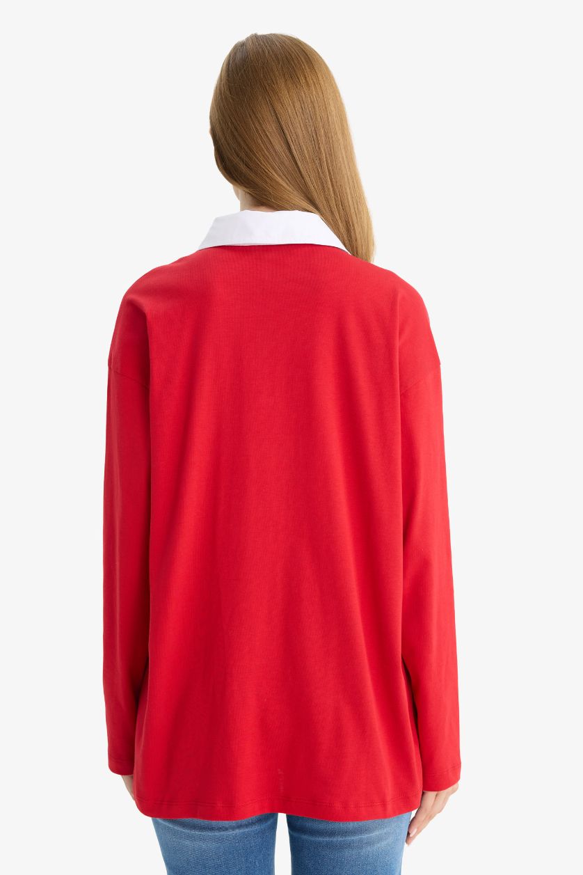 نساء أحمر بلوزة طويلة مطرزة قصة عادية وياخة بولو