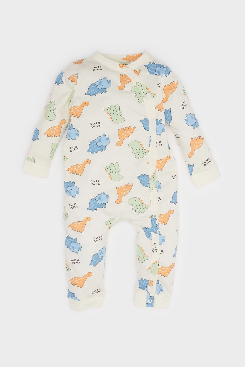 Erkek Bebek Ekru Dinozor Desenli Penye Tulum Erkek Bebek Yenidoğan