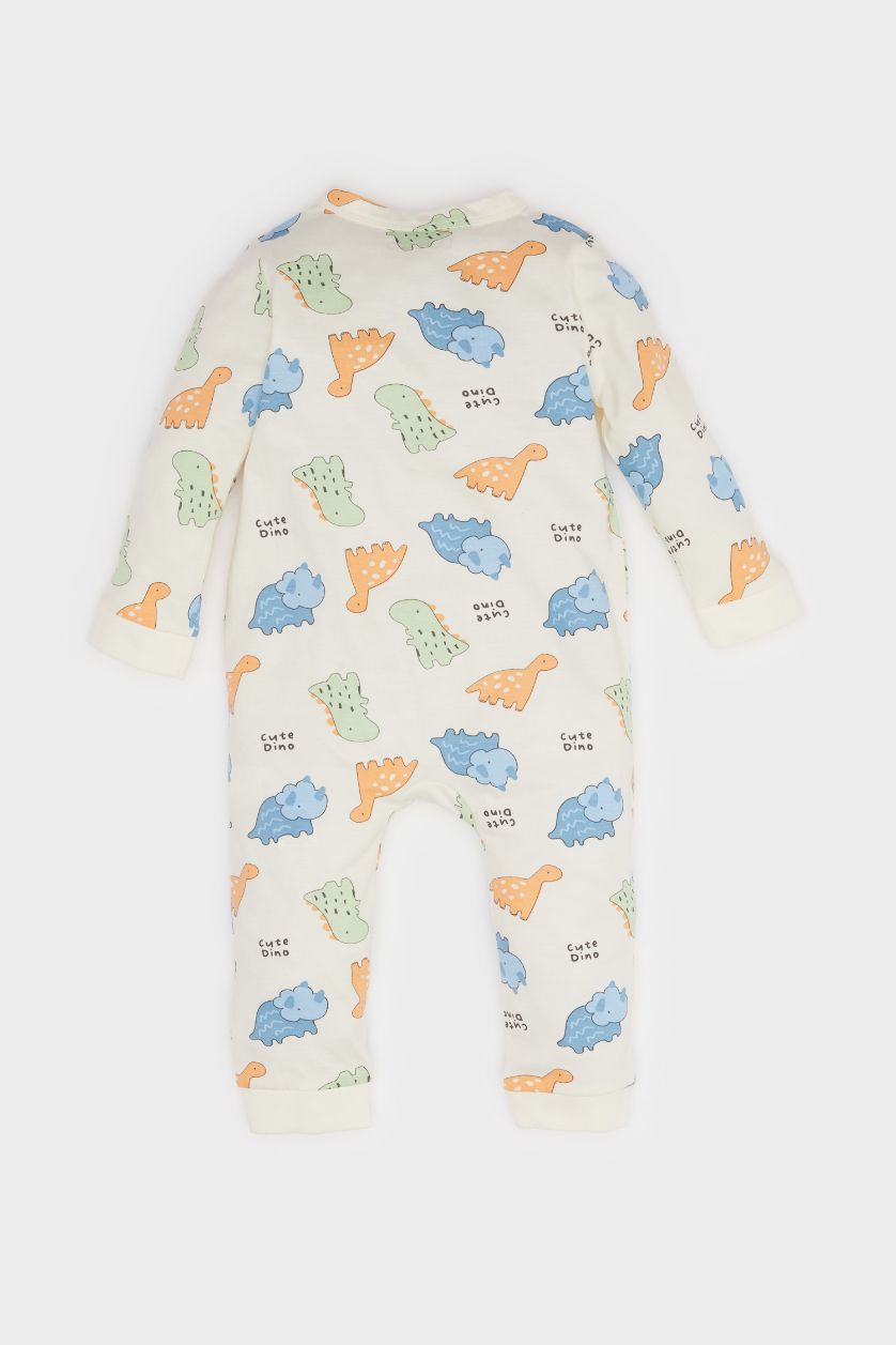 Erkek Bebek Ekru Dinozor Desenli Penye Tulum Erkek Bebek Yenidoğan