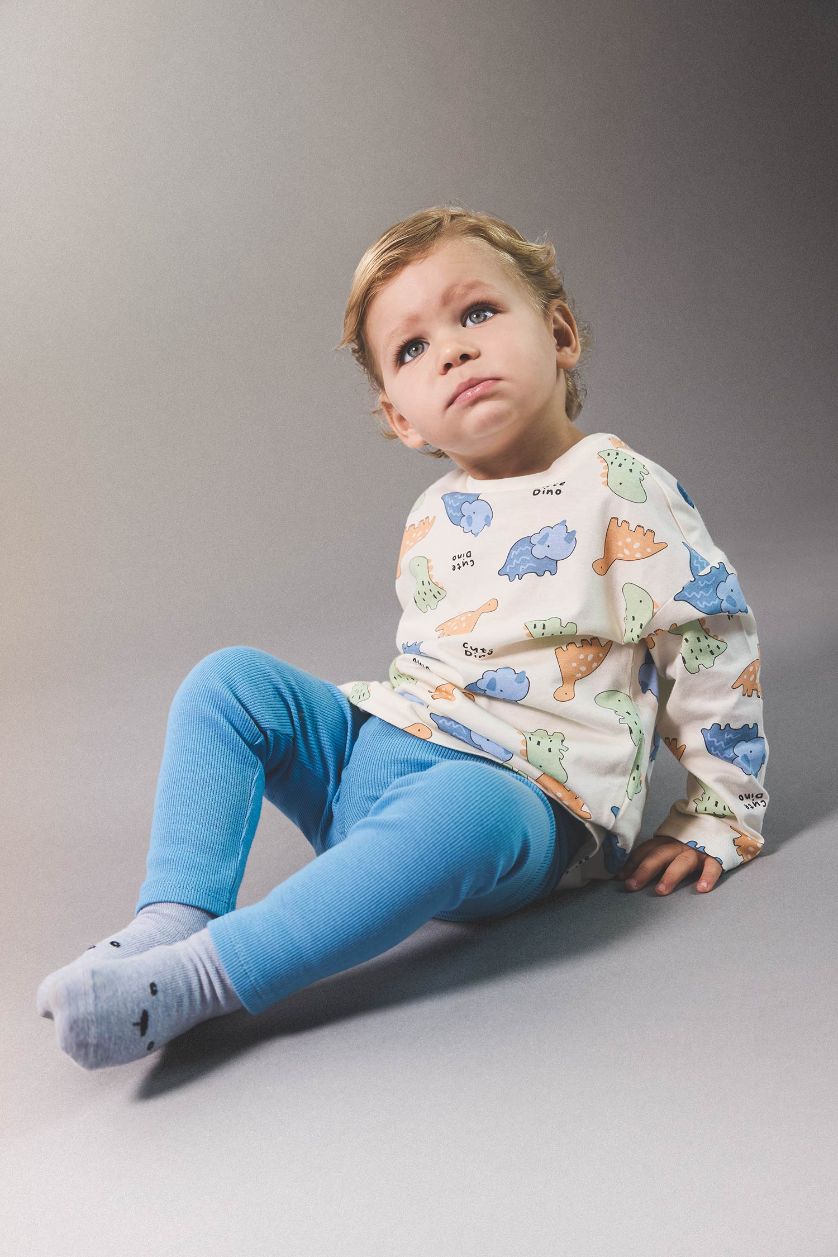Erkek Bebek Ekru Dinozor Baskılı Penye 2'li Uzun Kollu Tişört Erkek Bebek Yenidoğan