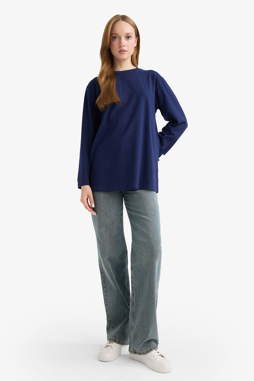 Kadın Lacivert Regular Fit Bisiklet Yaka Basic Düz Uzun Kollu Tunik