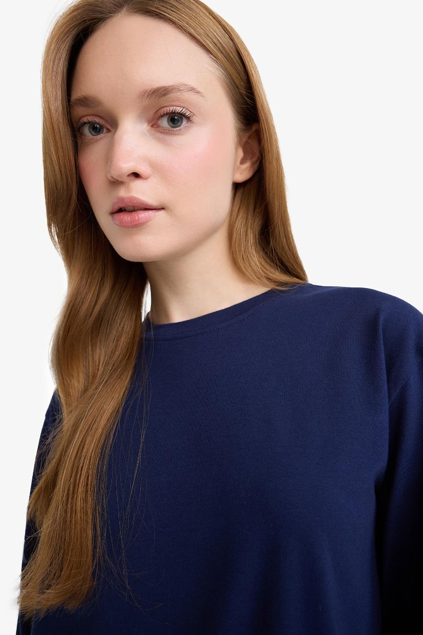 Kadın Lacivert Regular Fit Bisiklet Yaka Basic Düz Uzun Kollu Tunik