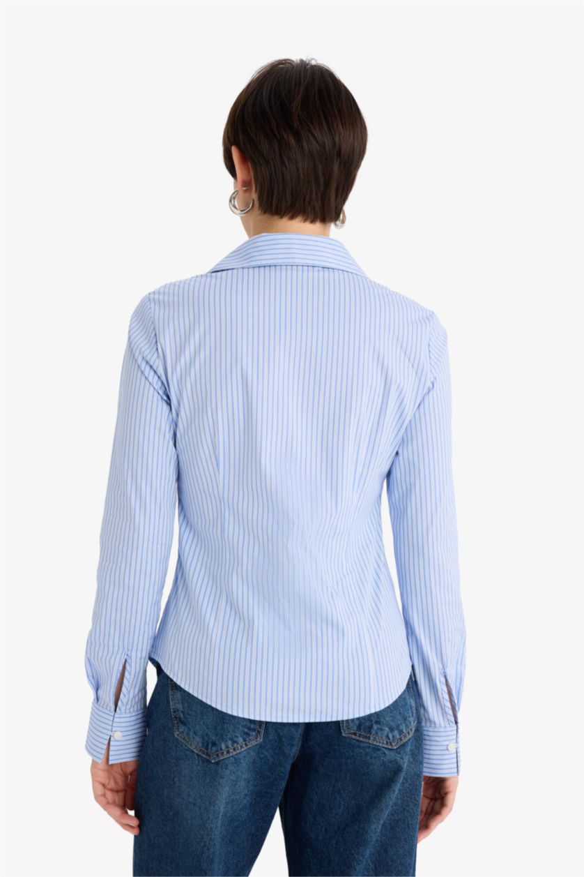 Woman Blue Slim Fit Flap Collar Long Sleeve Shirt