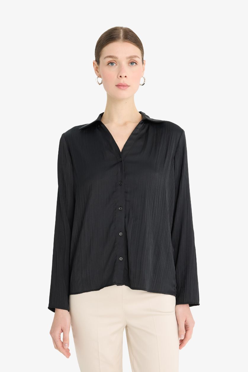 Женщины Черный Рубашка сатиновая с длинным рукавом, стандартный крой