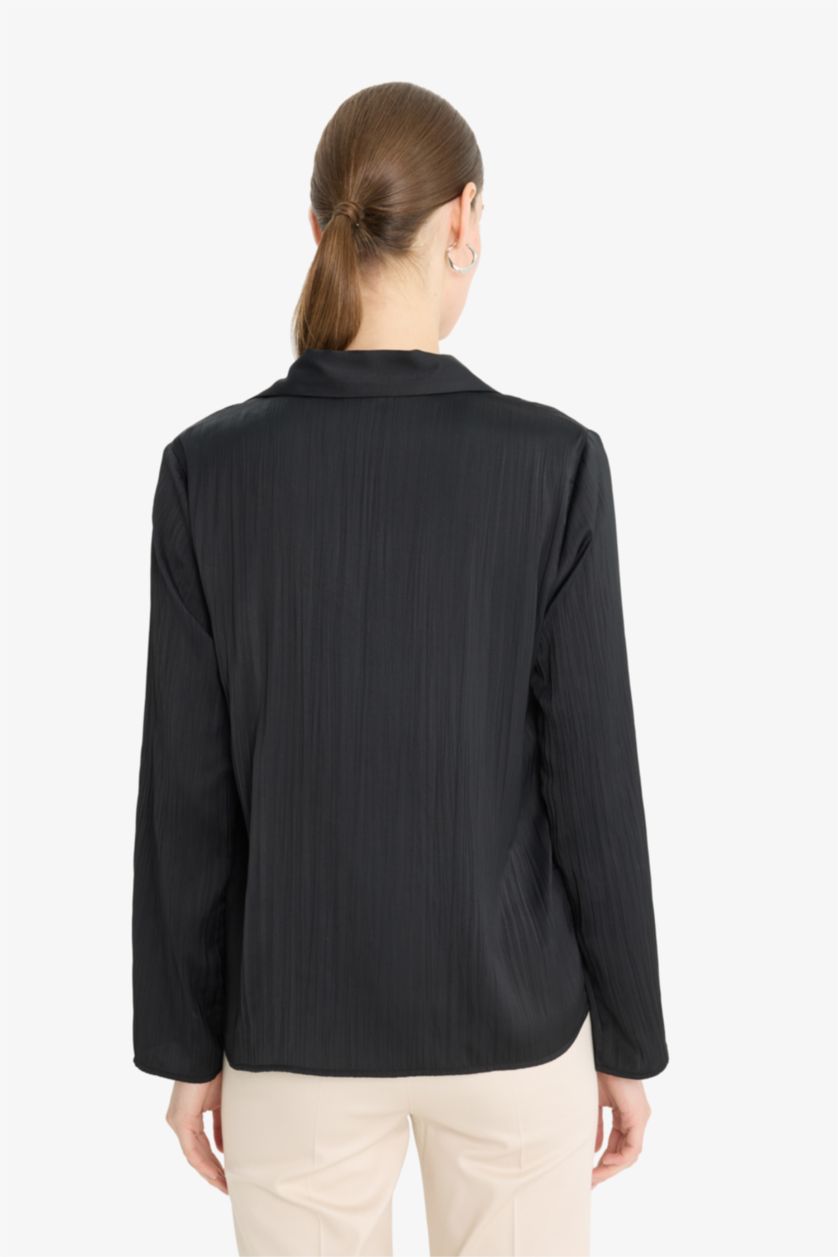 Женщины Черный Рубашка сатиновая с длинным рукавом, стандартный крой