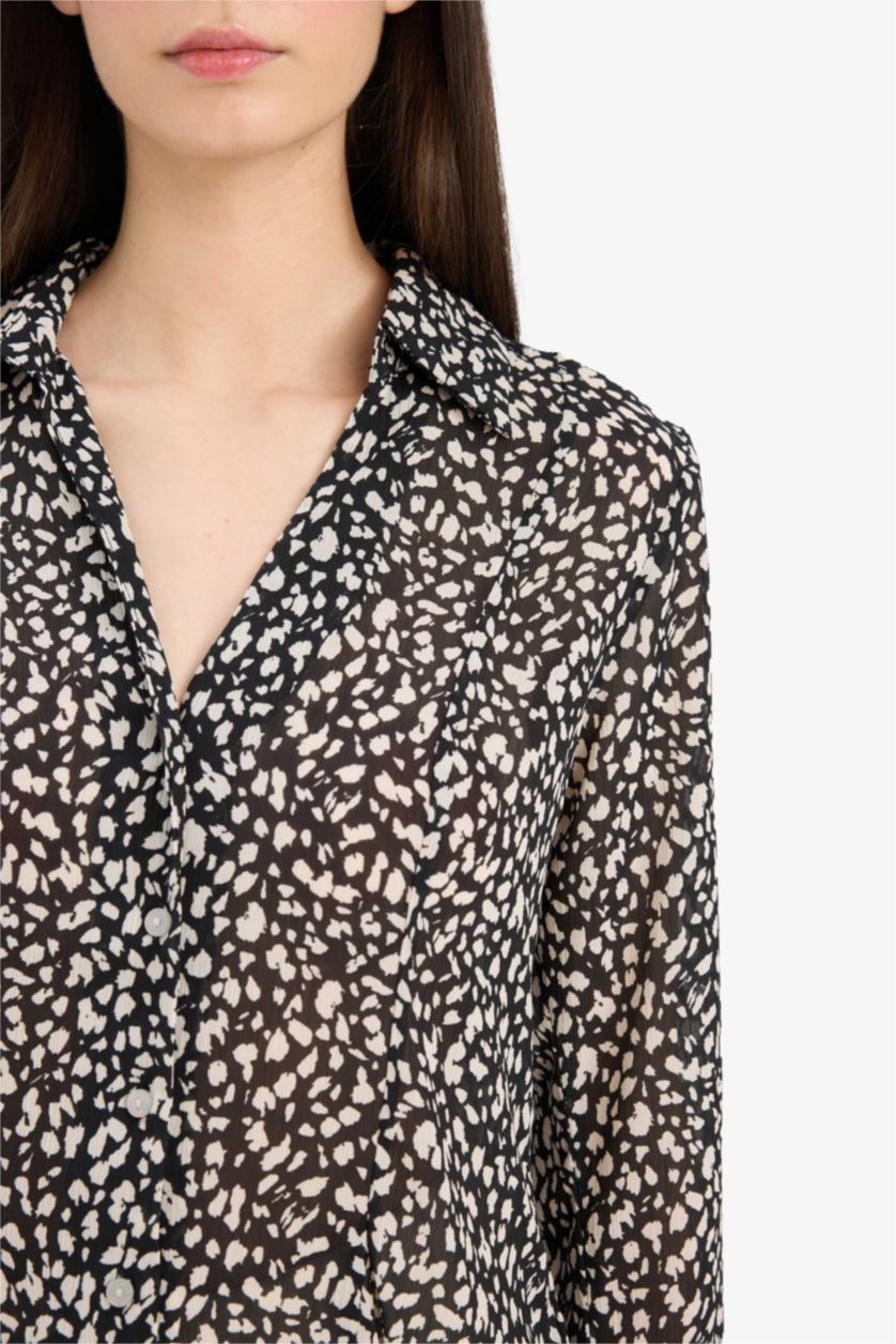 Әйелдерге қара ұзын бұлшықет пішімі басып шығарылған Ұзын жеңді көйлек