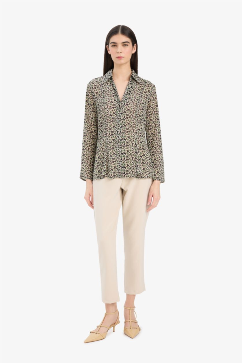 نساء أسود قميص كم طويل شيفون مطبوعة سليم فيت بياقة قميص