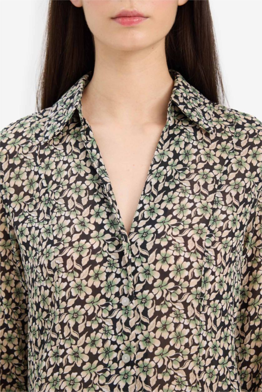 نساء أسود قميص كم طويل شيفون مطبوعة سليم فيت بياقة قميص