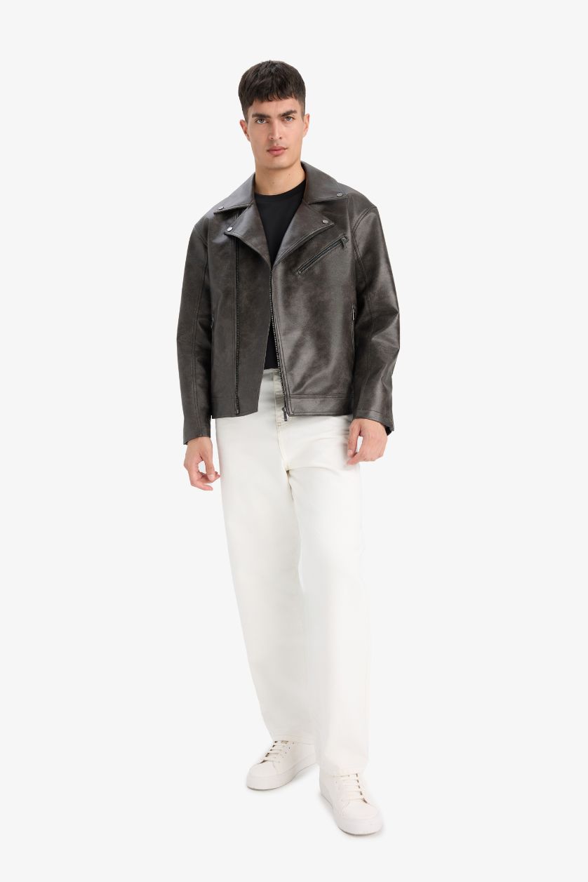 Erkek Koyu Kahve Su İtici Slim Fit Dar Kesim Polo Yaka Astarlı Fermuarlı Suni Deri Rüzgar Geçirmez Mevsimlik Mont