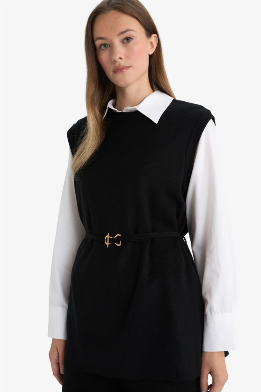 FEMME Noir Pull sans manches à col rond