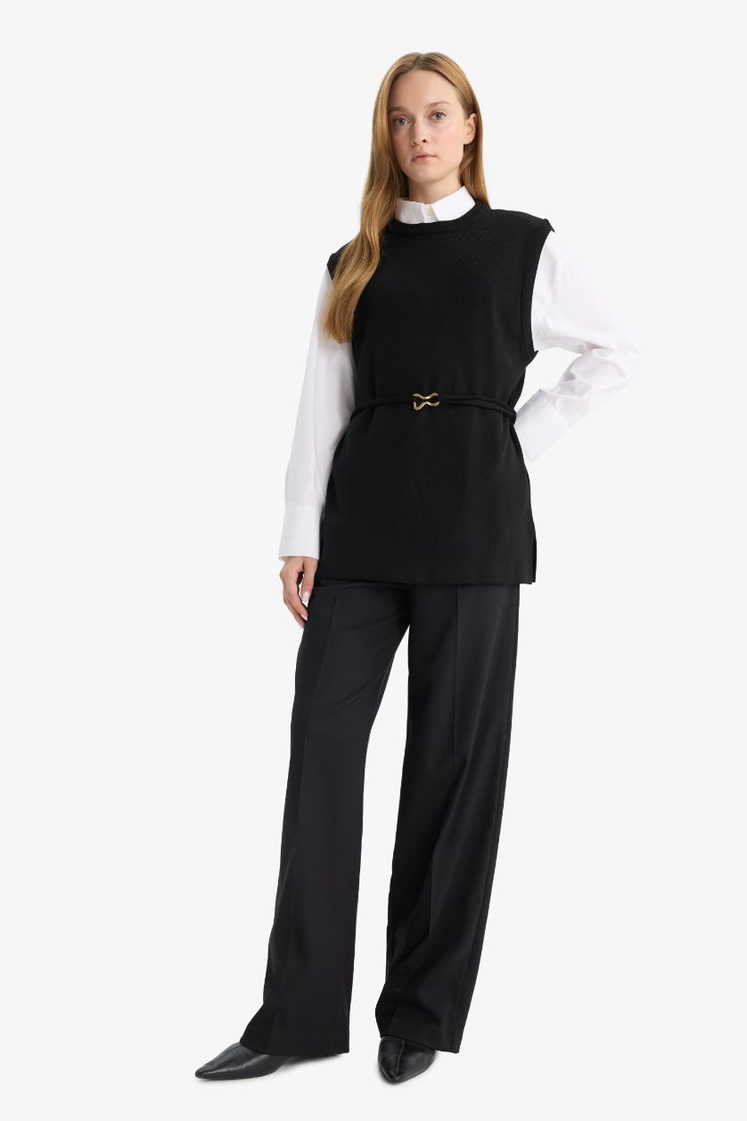 Kadın Siyah Bisiklet Yaka Kemer Detaylı Triko Süveter