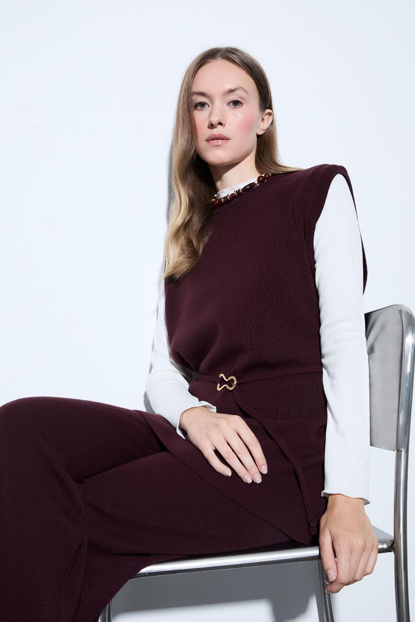 Kadın Bordo Bisiklet Yaka Kemer Detaylı Triko Süveter
