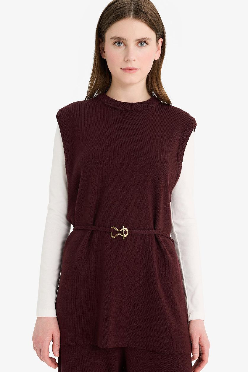 Kadın Bordo Bisiklet Yaka Kemer Detaylı Triko Süveter