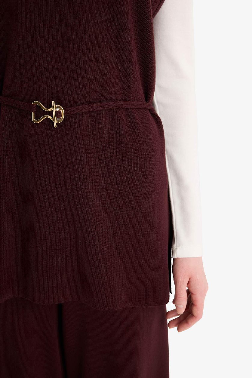 Kadın Bordo Bisiklet Yaka Kemer Detaylı Triko Süveter