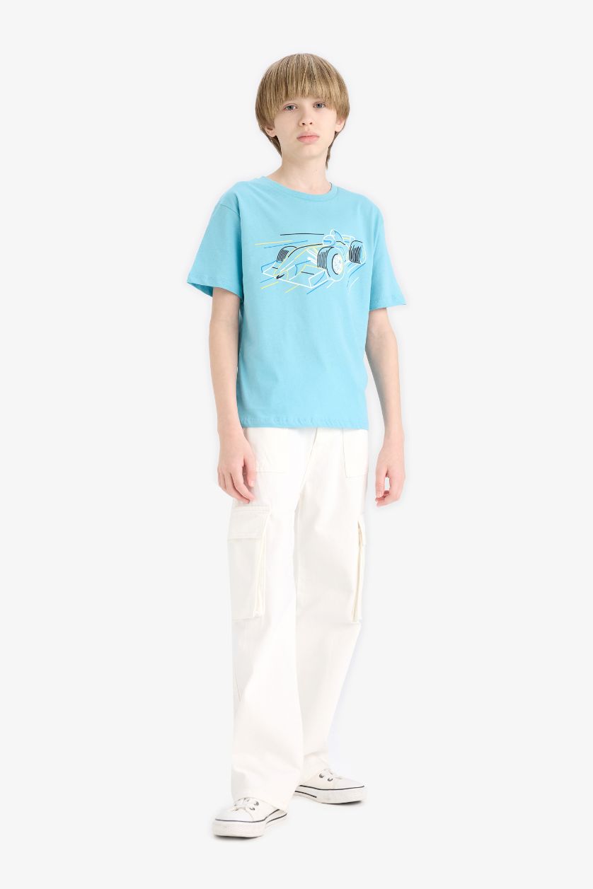 Erkek Çocuk - Genç Erkek Deniz Mavisi Bisiklet Yaka Baskılı Kısa Kollu Tişört Erkek Çocuk