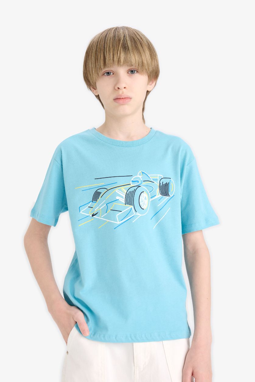 Erkek Çocuk - Genç Erkek Deniz Mavisi Bisiklet Yaka Baskılı Kısa Kollu Tişört Erkek Çocuk
