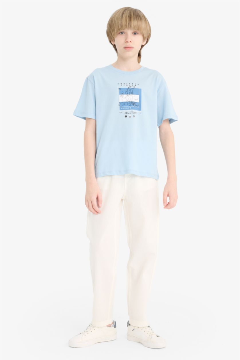 Erkek Çocuk - Genç Erkek Açık Mavi Bisiklet Yaka Baskılı Kısa Kollu Tişört Erkek Çocuk