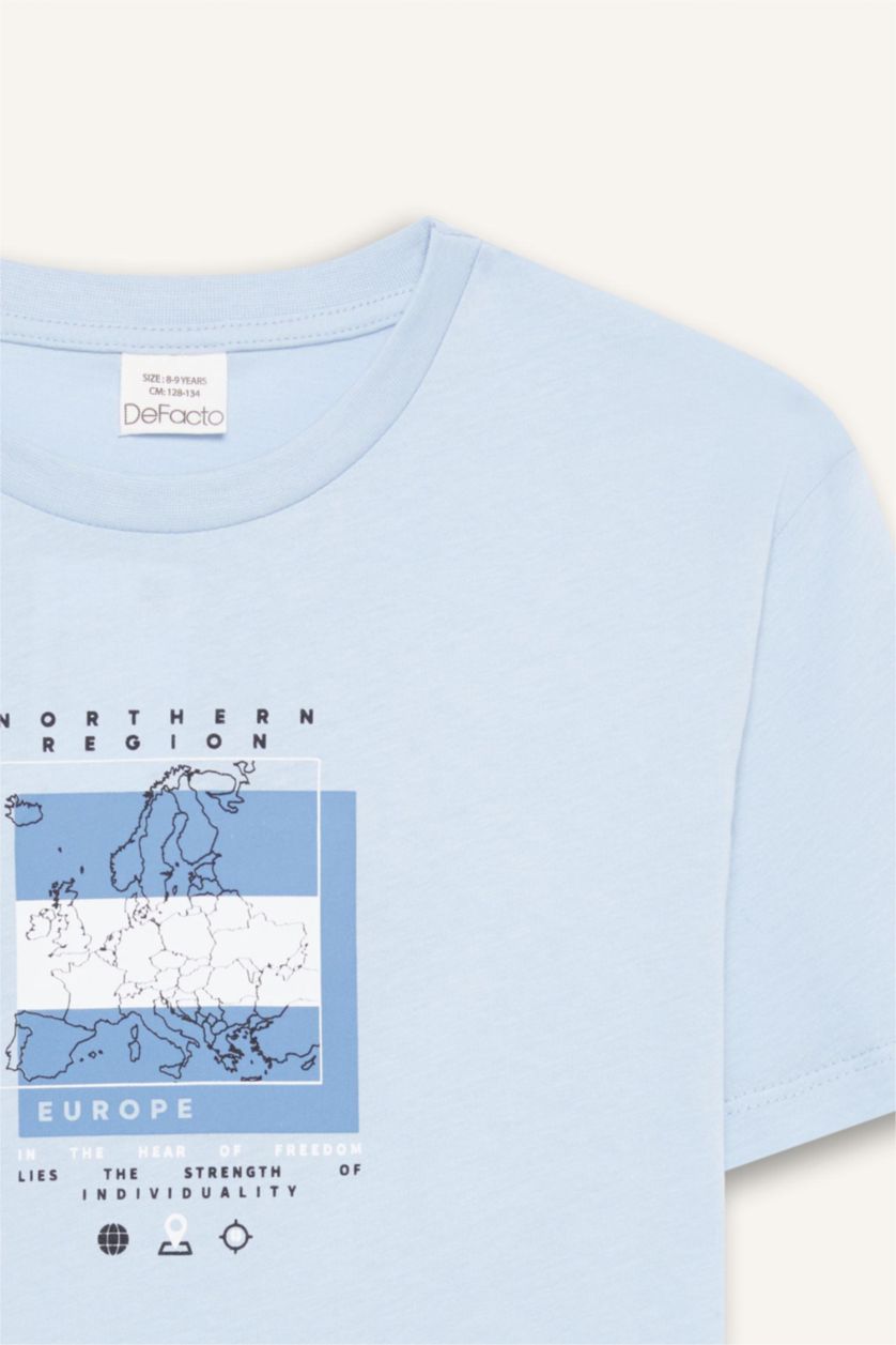 Erkek Çocuk - Genç Erkek Açık Mavi Bisiklet Yaka Baskılı Kısa Kollu Tişört Erkek Çocuk
