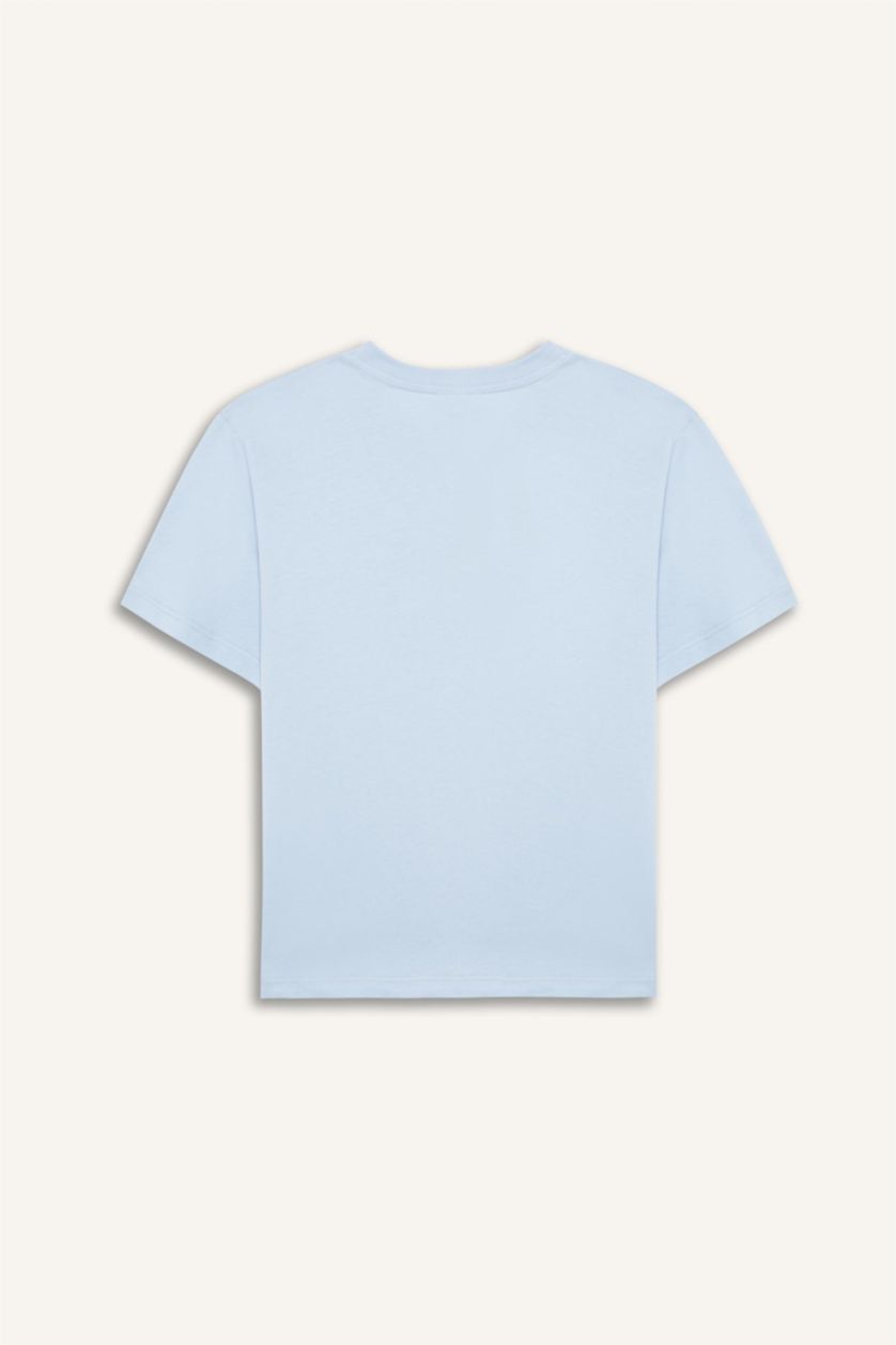 Erkek Çocuk - Genç Erkek Açık Mavi Bisiklet Yaka Baskılı Kısa Kollu Tişört Erkek Çocuk
