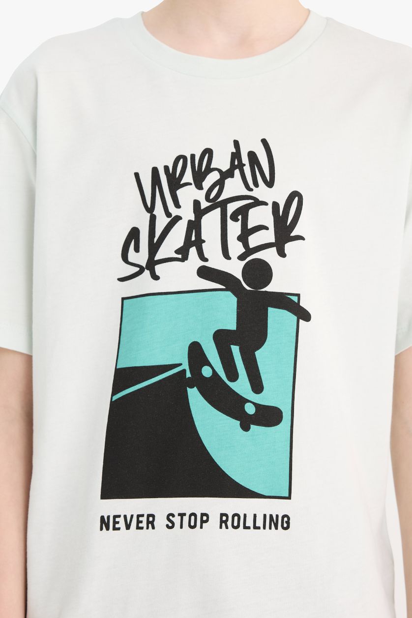 Erkek Çocuk - Genç Erkek Açık Mavi Bisiklet Yaka Baskılı Kısa Kollu Tişört Erkek Çocuk