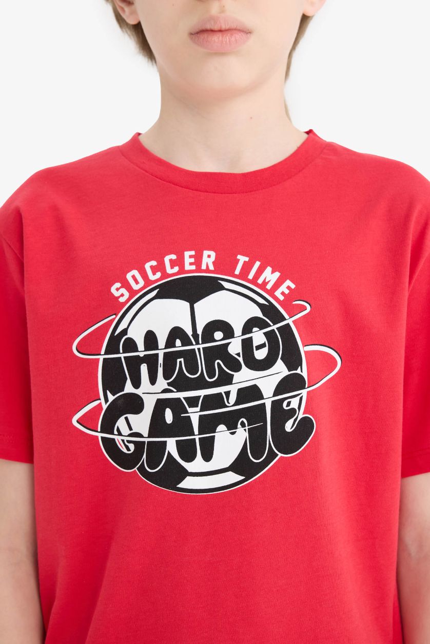 Erkek Çocuk - Genç Erkek Kırmızı Bisiklet Yaka Baskılı Kısa Kollu Tişört Erkek Çocuk