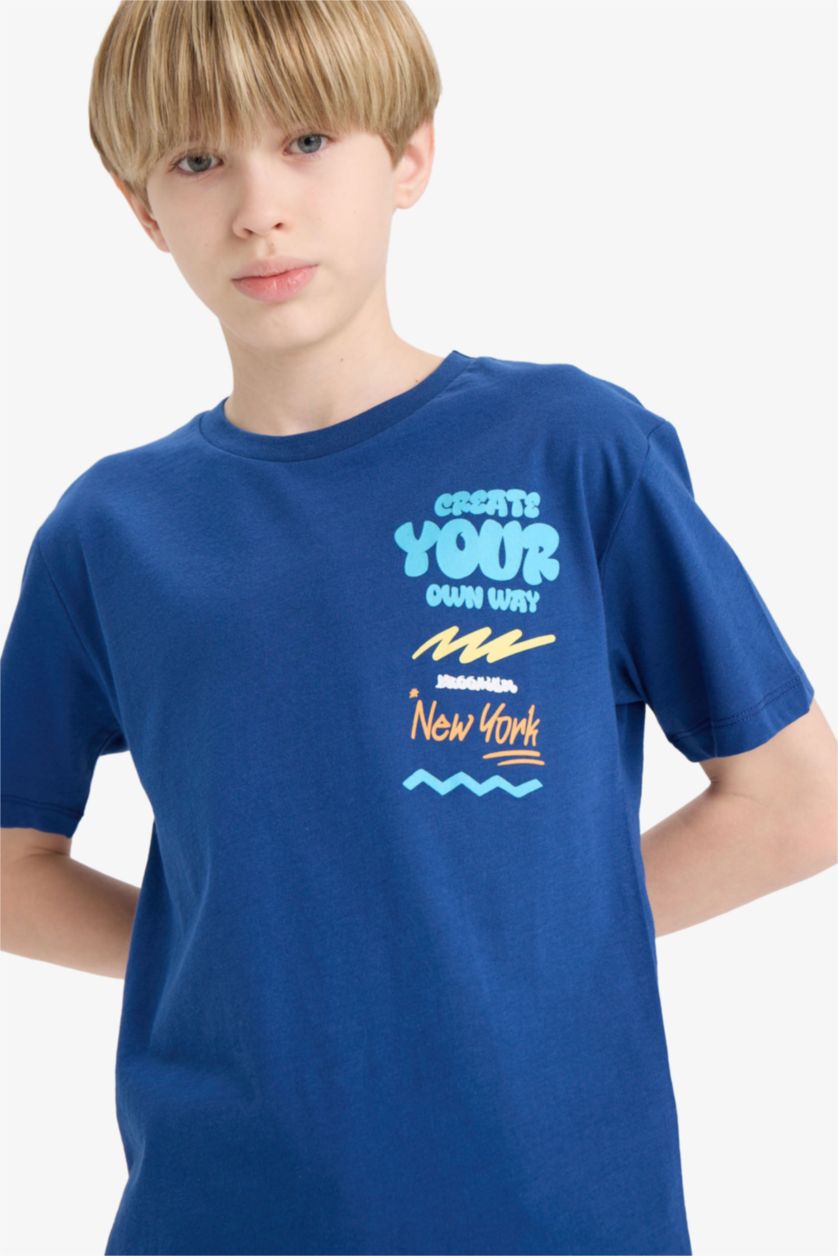 Erkek Çocuk - Genç Erkek İndigo Bisiklet Yaka Baskılı Kısa Kollu Tişört Erkek Çocuk