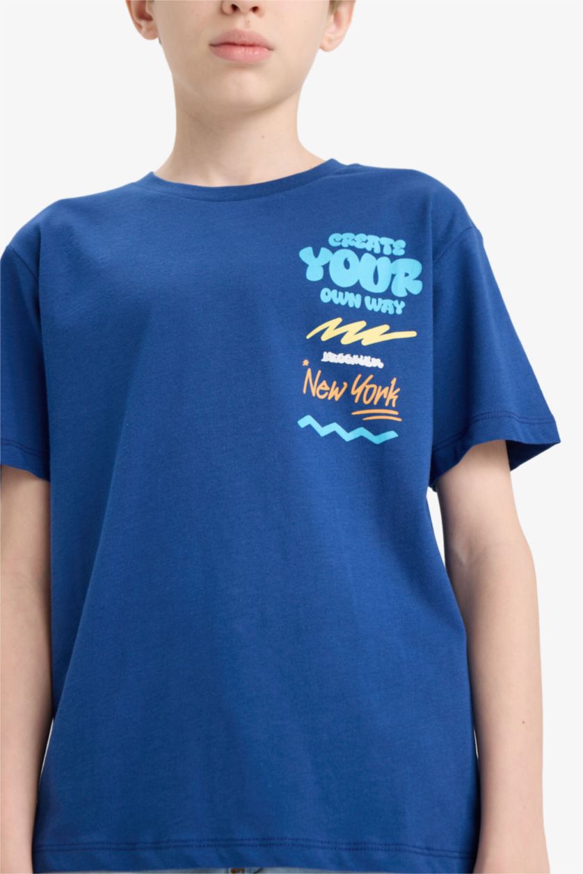 Erkek Çocuk - Genç Erkek İndigo Bisiklet Yaka Baskılı Kısa Kollu Tişört Erkek Çocuk