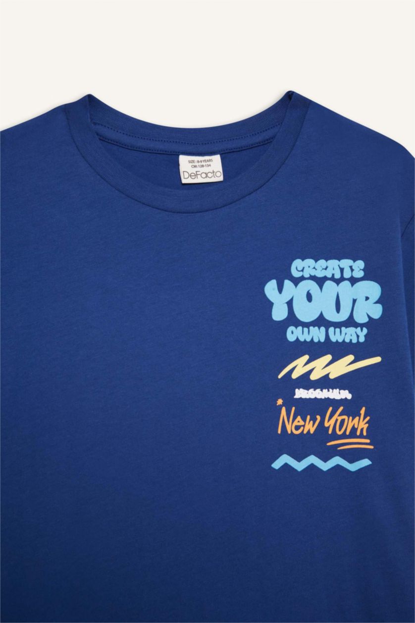 Erkek Çocuk - Genç Erkek İndigo Bisiklet Yaka Baskılı Kısa Kollu Tişört Erkek Çocuk