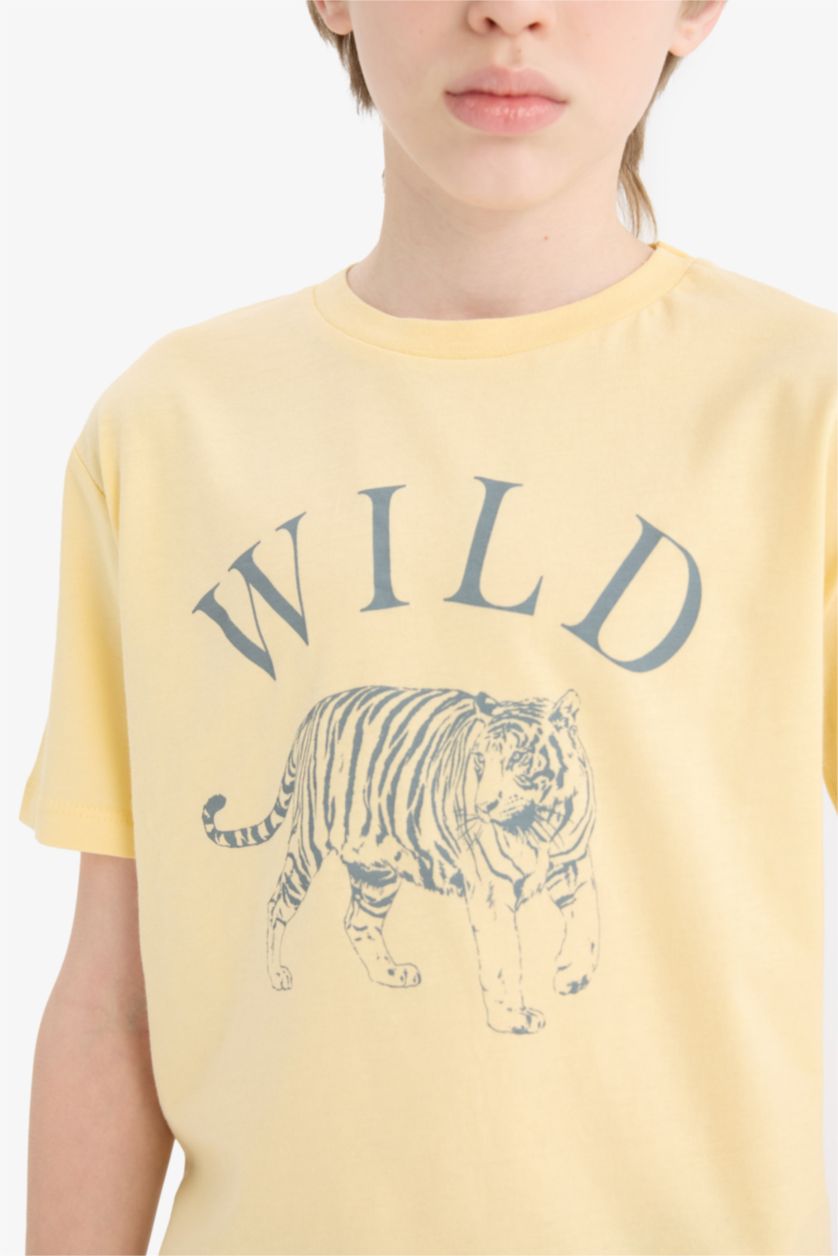 Erkek Çocuk - Genç Erkek Sarı Bisiklet Yaka Baskılı Kısa Kollu Tişört Erkek Çocuk