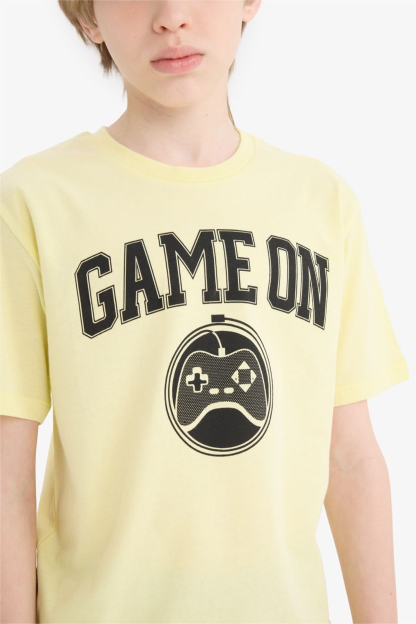 Erkek Çocuk - Genç Erkek Açık Sarı Bisiklet Yaka Baskılı Kısa Kollu Tişört Erkek Çocuk