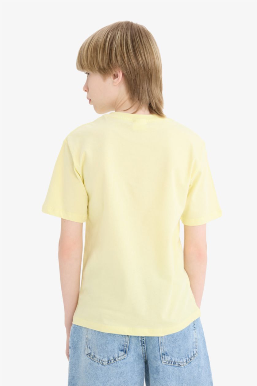 Erkek Çocuk - Genç Erkek Açık Sarı Bisiklet Yaka Baskılı Kısa Kollu Tişört Erkek Çocuk