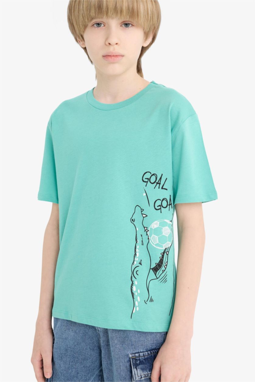 Erkek Çocuk - Genç Erkek Açık Yeşil Bisiklet Yaka Baskılı Kısa Kollu Tişört Erkek Çocuk