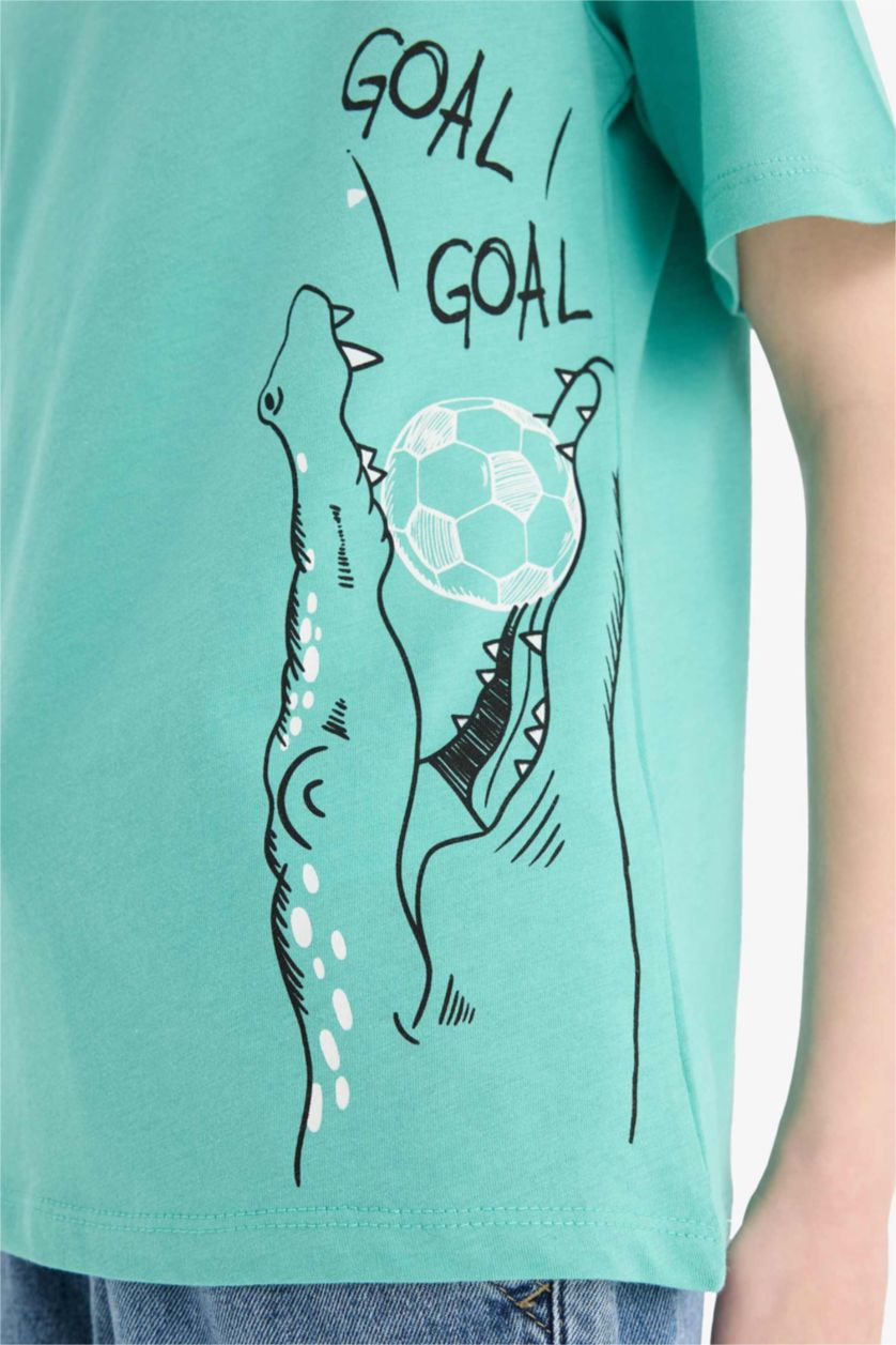 Erkek Çocuk - Genç Erkek Açık Yeşil Bisiklet Yaka Baskılı Kısa Kollu Tişört Erkek Çocuk