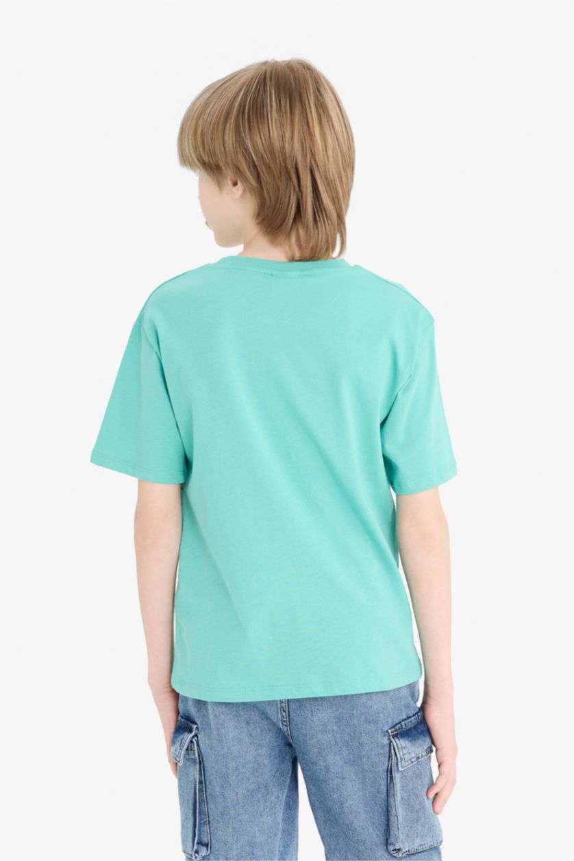 Erkek Çocuk - Genç Erkek Açık Yeşil Bisiklet Yaka Baskılı Kısa Kollu Tişört Erkek Çocuk