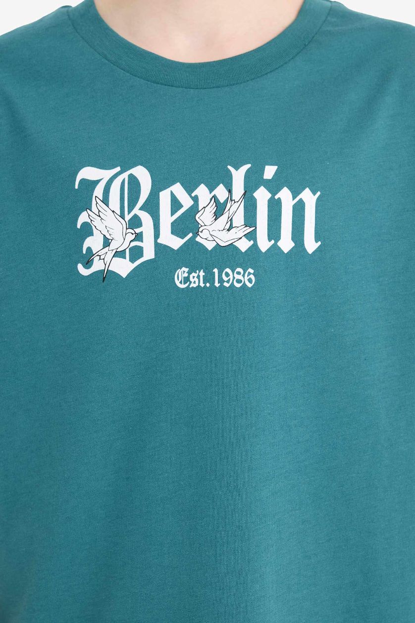 Erkek Çocuk - Genç Erkek Koyu Yeşil Bisiklet Yaka Baskılı Kısa Kollu Tişört Erkek Çocuk