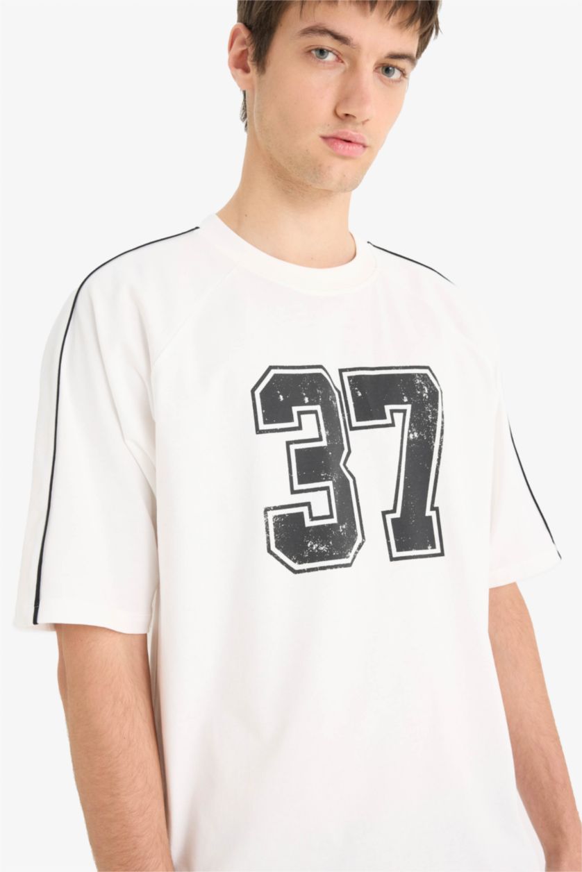 Erkek Ekru %100 Pamuk Loose Fit Bisiklet Yaka Baskılı Kısa Kollu Tişört