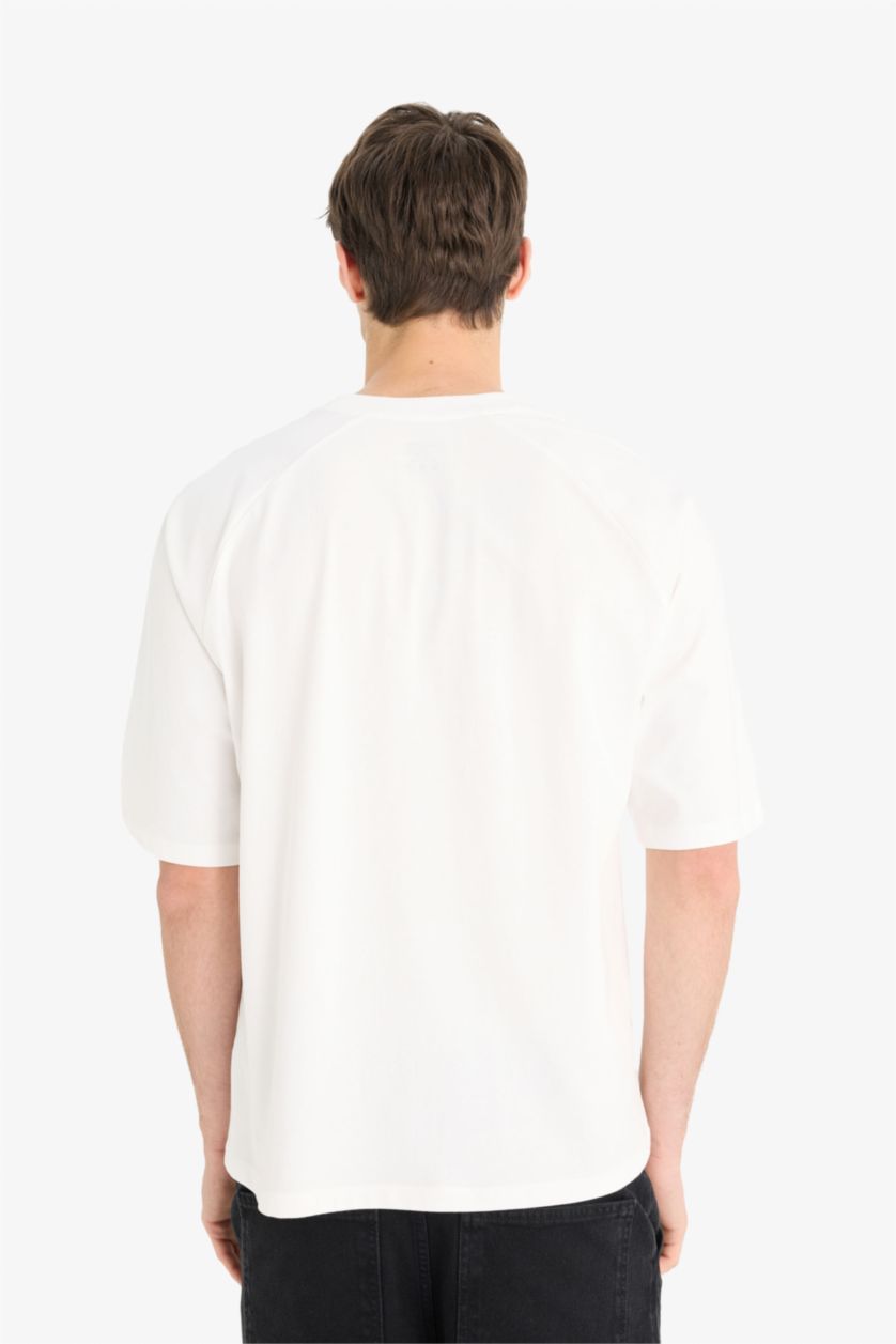 Erkek Ekru %100 Pamuk Loose Fit Bisiklet Yaka Baskılı Kısa Kollu Tişört