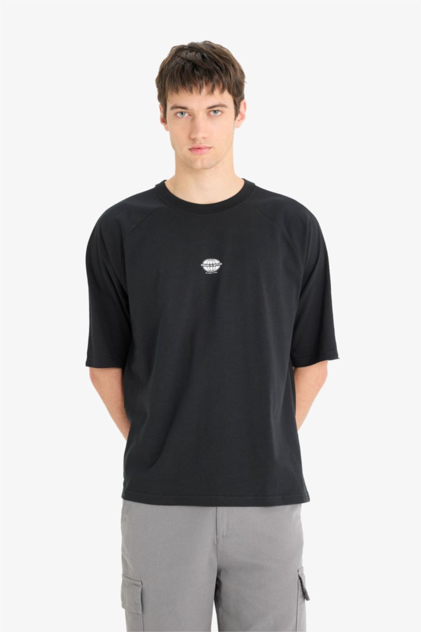 Erkek Siyah %100 Pamuk Loose Fit Bisiklet Yaka Baskılı Kısa Kollu Tişört